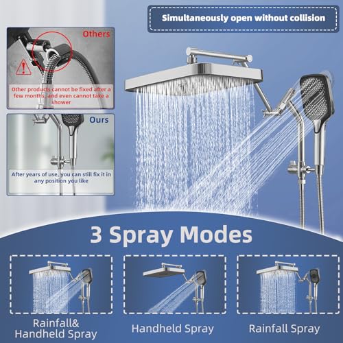 14-Inch Rain Shower Head with Handheld Spray - Polished Chrome, Low Profile Extension
