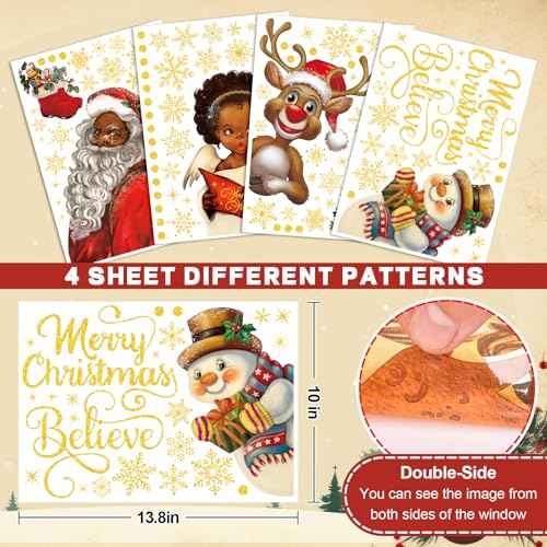 4 Sheet Christmas Window Decals Black Santa Window Clings Claus Girl Xmas Static Window Stickers Decor for Home School Party Supplies, 10 x 13.8 Inch