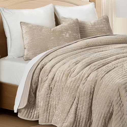 EverGrace King Size Velvet Quilt Set Beige Taupe Luxury Channel Stripe Bedding