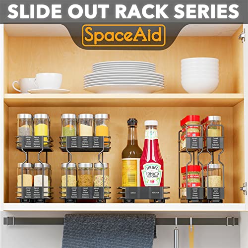 Pull Out Spice Rack Organizer for Cabinets - 2-Tier, Heavy Duty Slide Out with Labels, 5.2 W x 10.75 D x 10 H, Two 2-W Drawers