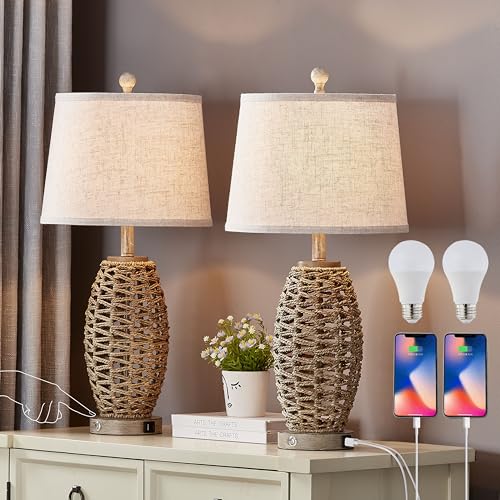 27-Inch Natural Rattan Table Lamps Set of 2 with USB Ports & Dimmable Touch Control