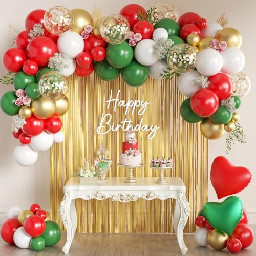 MEBAY Red Green White Gold Christmas Balloon Arch Kit with Fringe Curtain (Variation: Red Green White)