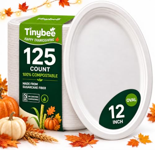 White 12-Inch Compostable Oval Plates - 125 Heavy Duty Paper Dinnerware