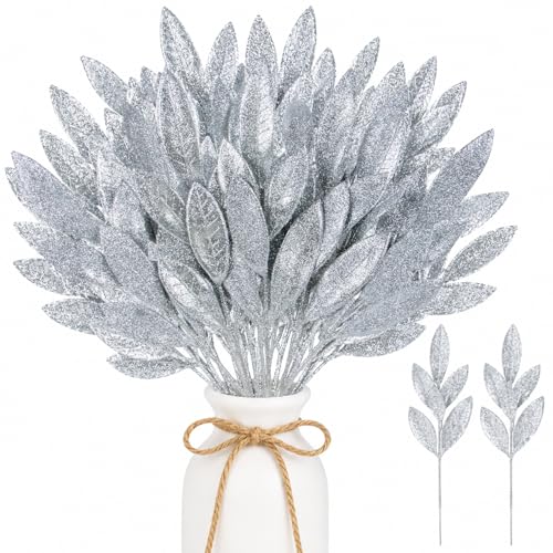 Rainflow Silver Glitter Artificial Leaf Picks 30PCS for Holiday Decor