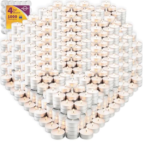 1000 Pack Unscented Tea Light Candles - Long-Lasting, Smokeless, Dripless, White for Weddings, Home, Events