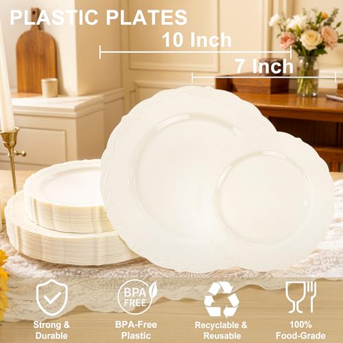 U-QE Ivory Disposable Plastic Plates for Parties, Weddings & Events - 100 Pack