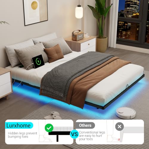 Queen Size Floating Metal Platform Bed Frame with LED Lights & Charging Station - Lurxhome