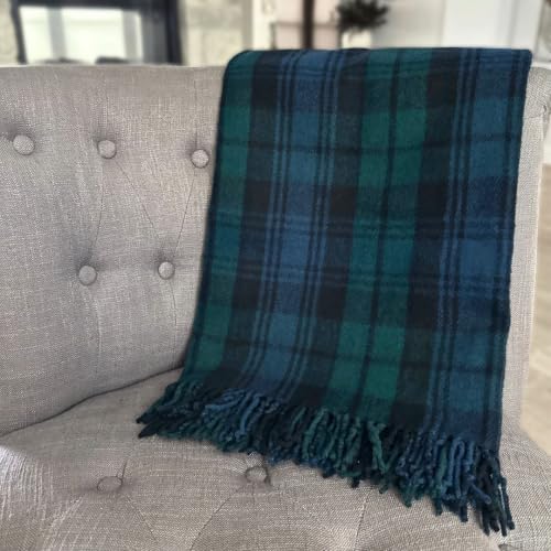 Briomhar Black Watch Tartan Wool Throw Blanket - 60x72 inches with Fringe