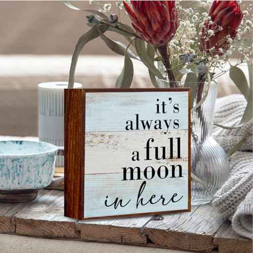 Funny Bathroom Sign, Bathroom Shelf Decor Desk Decor Wooden Box Sign Rustic Wood Plaque Box Sign for Home Office Restroom Toilet Shelf Table Decoration It's Always a Full Moon in Here Sign.
