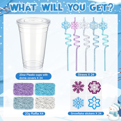 Vesici 124-Piece Snowflake Party Cups Kit with Lids, Straws, Stickers & Raffia – Blue/White Snowflake Theme, 24 Sets