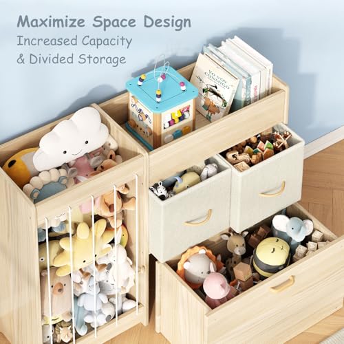 Burlywood Toy Storage Organizer with Stuffed Animal Shelf - Kids Wooden Playroom Storage