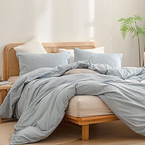 BESTOUCH Cotton Solid Duvet Cover Set Queen Cornflower Blue Linen Feel 90x90