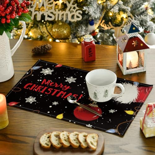 Artoid Mode Xmas Ball Merry Christmas Placemats Set of 6, 12x18 Inch Seasonal Winter Holiday Black Table Mats for Party Kitchen Dining Decoration