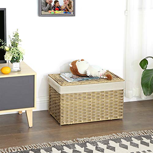 SONGMICS 65L Woven Storage Basket with Lid, Foldable Laundry & Organization Bin