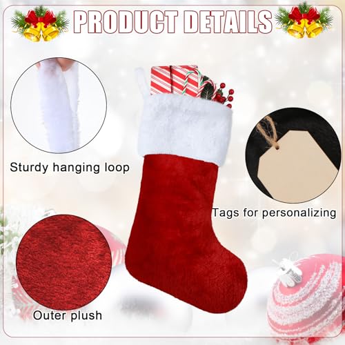 8 Set 18 Inch Red Christmas Stockings with Wood Name Tags - Plush