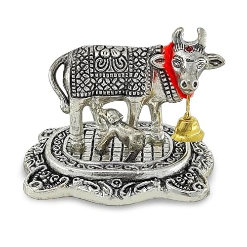 NOBILITY Pooja Items Diwali Gift Silver Antique Small Kamdhenu Cow with Calf Metal Statue Decorative Item Showpiece for Home Office Decoration Wedding Return Gifts