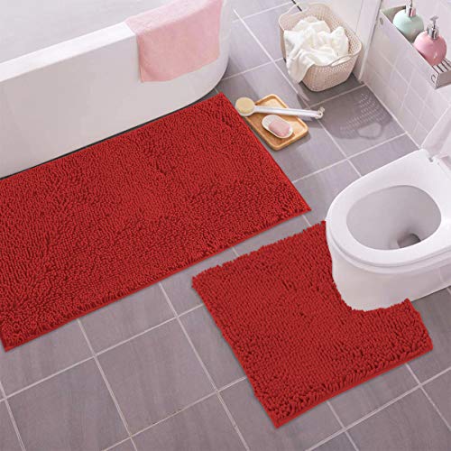 LuxUrux 2-Piece Christmas Chenille Bath Rug Set – Large Red, 24x36 + 20x24 U-Shaped Toilet Mat