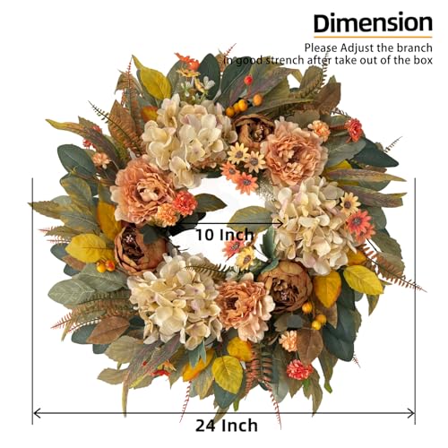 HipTree 24-Inch Fall Hydrangea and Peony Wreath - Creamy Variation 09
