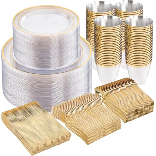 WELLIFE Clear Plates with Gold Trim 600-Piece Party Dinnerware Set - Service for 100, Includes Plates and Silverware, Variation: Clear Gold/600