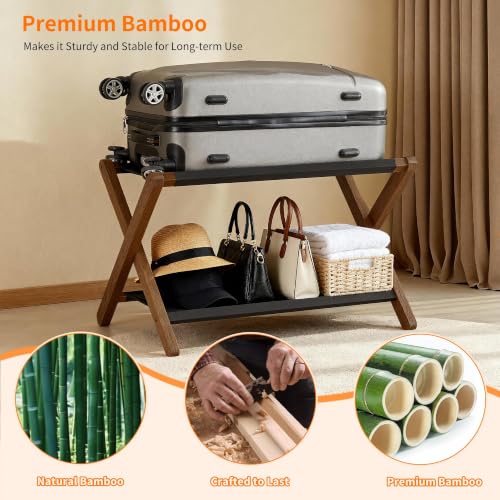 Heybly Walnut Folding Luggage Rack with Storage Shelf - Hotel Style Suitcase Stand
