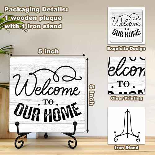 Welcome Home Sign, Farmhouse Wooden Plaque with Iron Stand for Desk Shelf Decor - A16