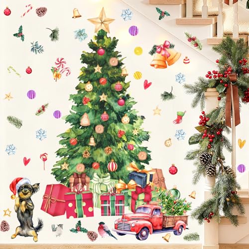 Large Christmas Tree Wall Sticker Watercolor Pine Trees Wall Stickers Christmas Bell Wall Decals Peel and Stick Removable Ornaments Xmas Tree Wall Stickers Holiday Party Decoration