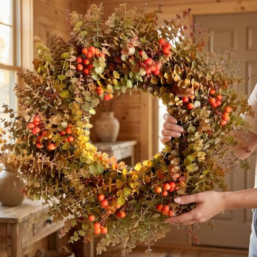 26-Inch Autumn Fall Eucalyptus Wreath - Burnt Orange Harvest Decor