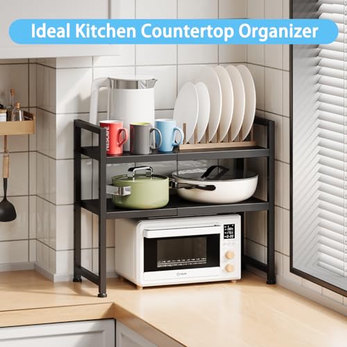 2-Tier Expandable Metal Shelving Unit - Black, 11.02"D x 23.62"W x 20.87"H, Adjustable Kitchen & Garage Organizer