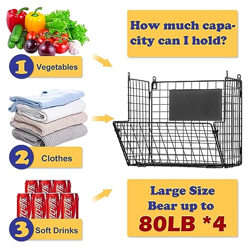 4 Pack Wall Mount Wire Basket Organizer - Extra Large Black Storage Bins with Chalkboards