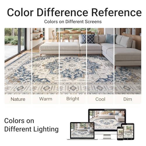 Blue 8x10 Washable Non-Slip Area Rug for Living Room