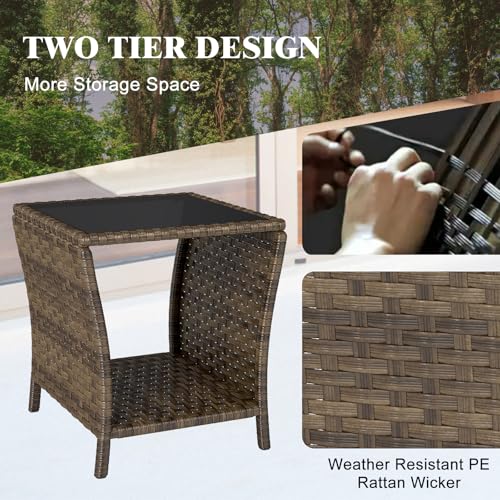 Outdoor Wicker Side Table, Rattan End Glass Top,Patio Garden