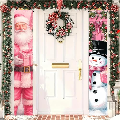 Pink Christmas Porch Banner - 12x71 Inch Welcome Santa Snowman Holiday Decor