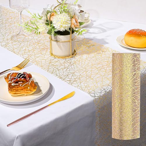 Gold Table Runner Roll, 11 Inch x 33 FT, Metallic Glitter Mesh for