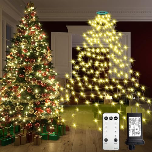 VIL 6.6ft Warm White Christmas Tree Lights with Ring - 8-Mode Dimmable Waterfall String 280 LEDs