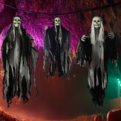 Halloween Hanging Skeleton Ghosts Decorations Set - Spooky Outdoor Reapers (3 Pack)
