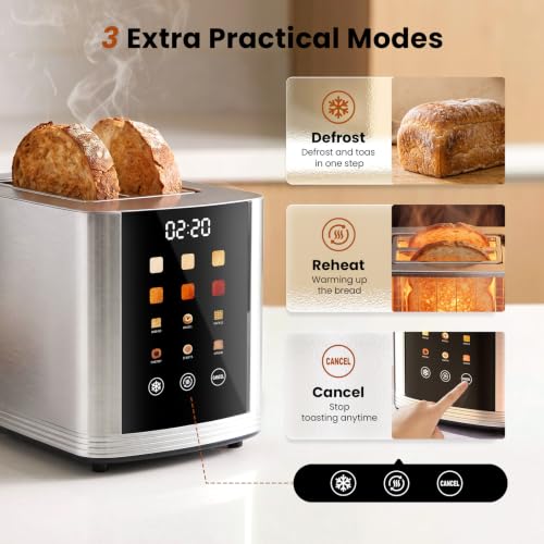 Silver 2-Slice Touch Screen Toaster with Wide Slots, Smart LED Countdown