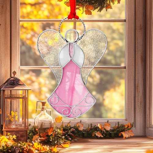 New Pink Angel Suncatcher Stained Glass Suncatchers for Windows Hanings Ornament Home or Garden Decorative Gifts for Mom Teacher Friends Birthday Christmas Tree Holiday Hanging Decor