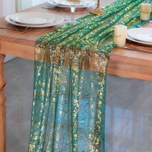 Green and Gold 10Ft Metallic Table Runner - Sheer Gauze Decor, Snowkingdom