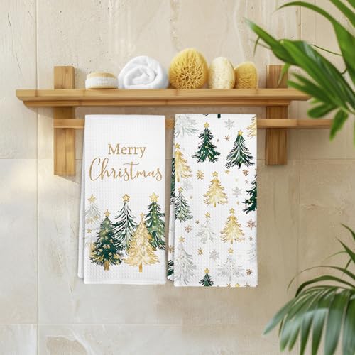 Gold and Green Christmas Tree Kitchen Towels Set of 2 - 16x24 in, DVHDAJED