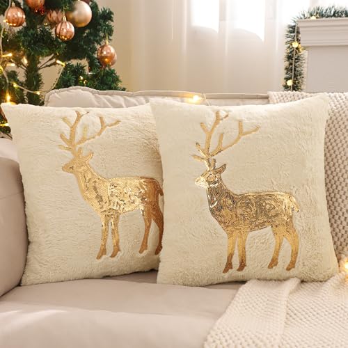 LUOYEHK 18x18 Faux Fur Christmas Pillow Covers Set of 2 Beige Deer