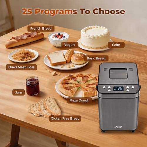 Rosewill 25-in-1 Automatic Bread Maker Gray, 2LB Large Capacity, 700W Dual Heaters