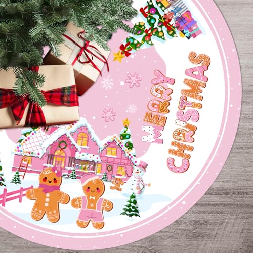 Pink Gingerbread Christmas Tree Skirt 48 Inch Holiday Decor for Living Room