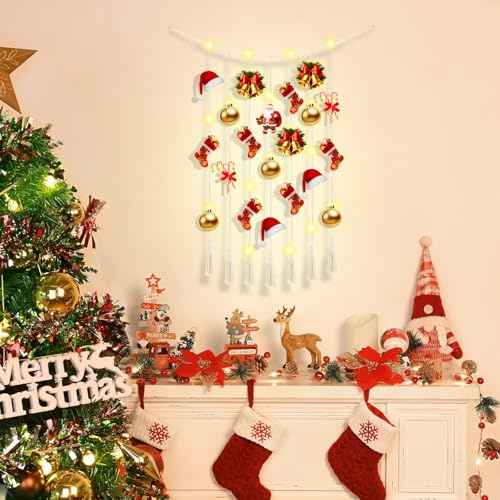 Macrame Hanging Photo Display Boho Wall Decor with String Lights Wooden Beads Garland Picture Frame Collage Holder with 30 Clips for Room, Bedroom, Dorm, Christmas Teenage Teen Girl Gifts (Beige, Medium)