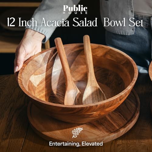 Natural 12.5 Inch Wooden Salad Bowl Set with Utensils, Lid, and Carry Strap