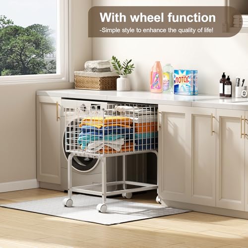 Eyteenokk 80L White Wire Rolling Laundry Basket with Handle, 23.6 x 15.75 x 28 inches