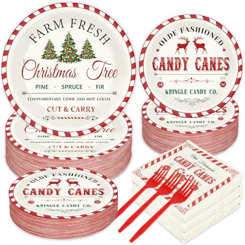 GOLDGAO 200Pcs Christmas Paper Plates & Napkins Old Fashion Farmhouse Tableware Set 9x7in