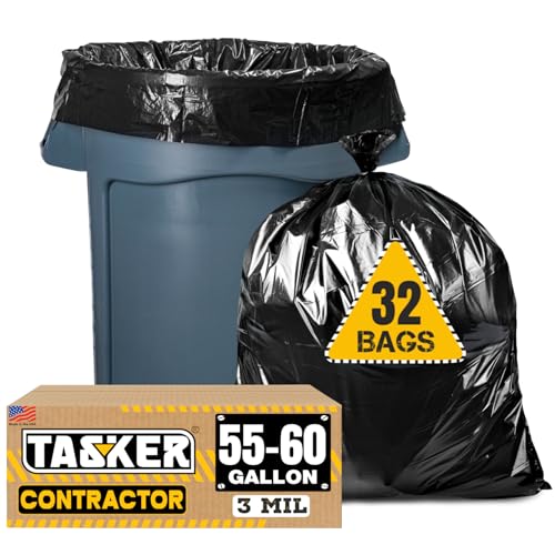 Tasker 32 Pack Heavy Duty 55 Gallon Black Contractor Garbage Bags 3 Mil