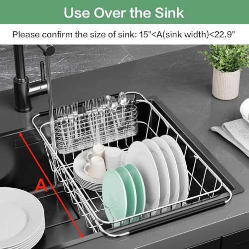Fanbsy Medium Expandable Dish Drainer Rack in Sink - 14.96x11.02x5.35 Inches, Rustproof Stainless Steel Kitchen Organizer