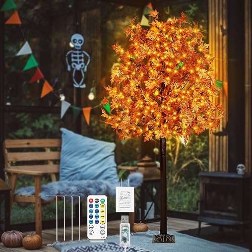 Remon 7FT Fall Maple Tree Light 170 LEDs with 17 Acorns, Remote, 8 Modes, Outdoor Decor