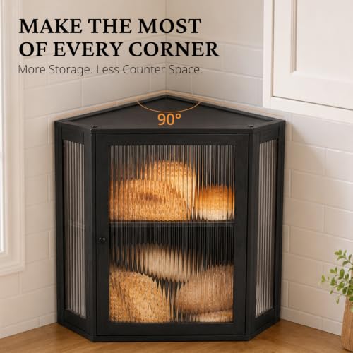 Corner Bread Box - Extra Large 2-Tier Bamboo Storage with Adjustable Shelf - Black